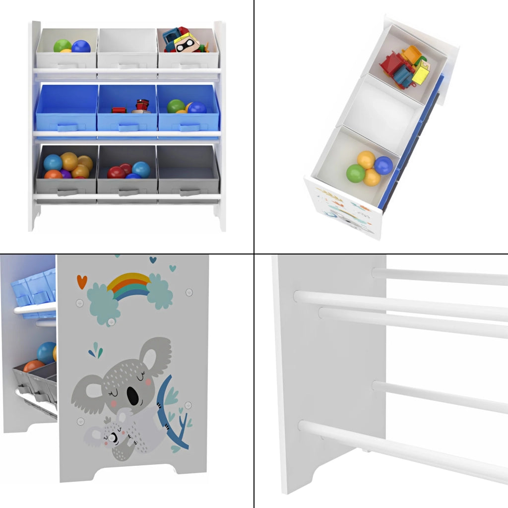Scaffale portaoggetti per bambini con 9 contenitori pieghevoli bianco/grigio/blu 03_0006979