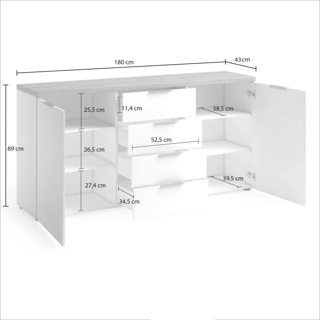 Madia Satriano, Credenza 4 Ripiani Made in Italy, 180x43x89h cm Bianco Lucido