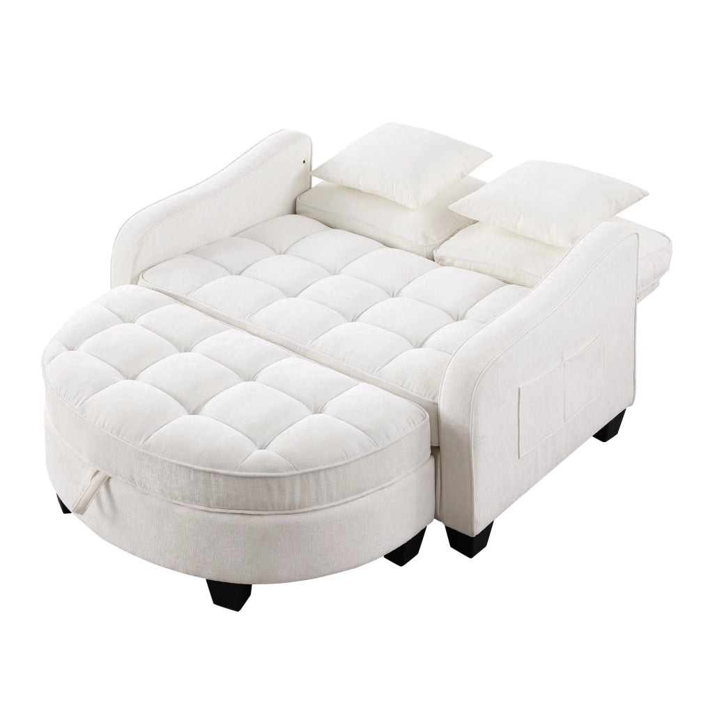 Divano letto 132x129x93 cm 2 in 1 con pouf contenitore in legno di eucalipto beige