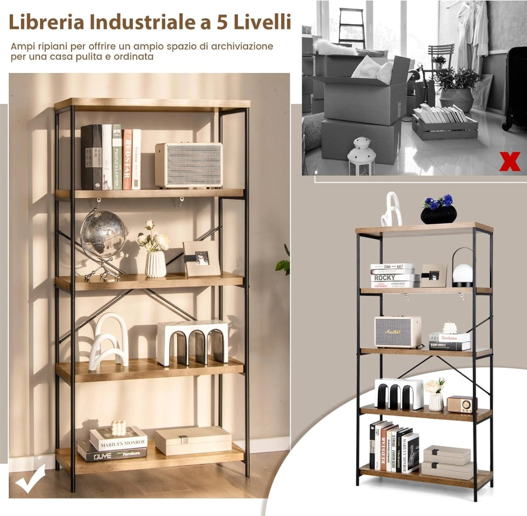 Libreria a 5 Piani, Scaffale Industriale in Legno con Struttura in Metallo, Aste di Sostegno a X Dispositivo Antiribaltamento, per Soggiorno Ufficio, 79x35x160 cm (Marrone)