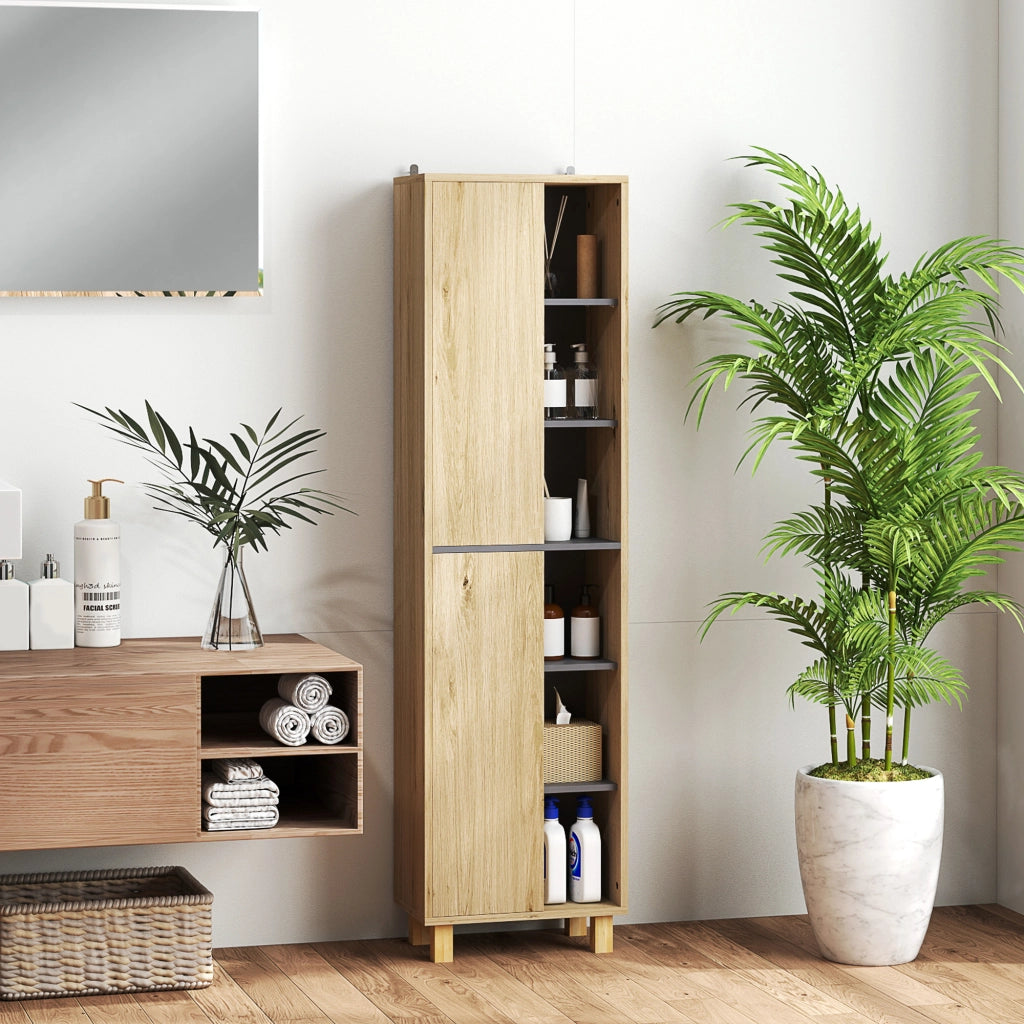Armadio colonna bagno con 6 ripiani aperti e 2 ante ¨C zephmum ¨C legno naturale