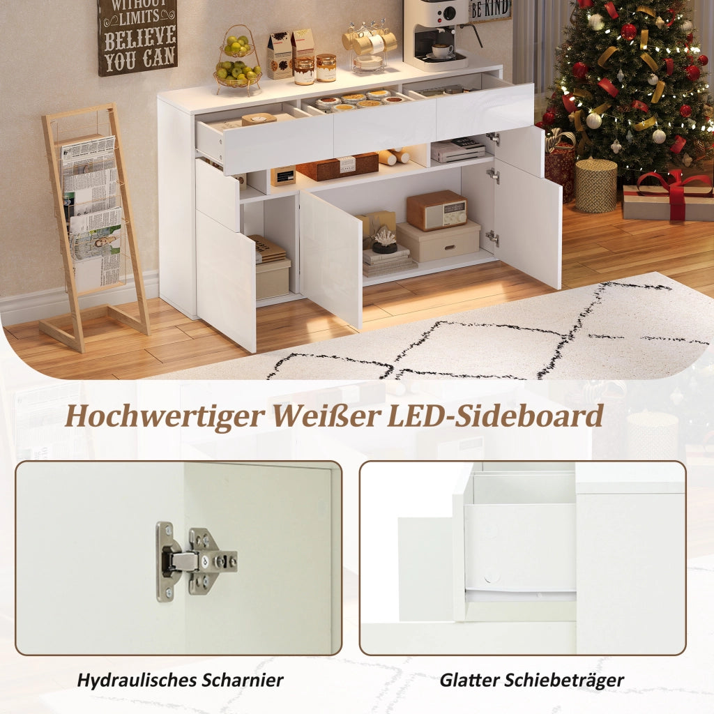 CREDENZA 140 x 30 x 82 cm bianco lucido in MDF con LED, 3 cassetti e 5 ante