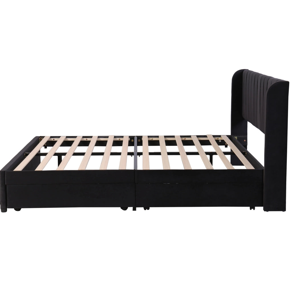 Letto imbottito 180x200 cm in velluto nero con struttura a doghe e 2 cassetti