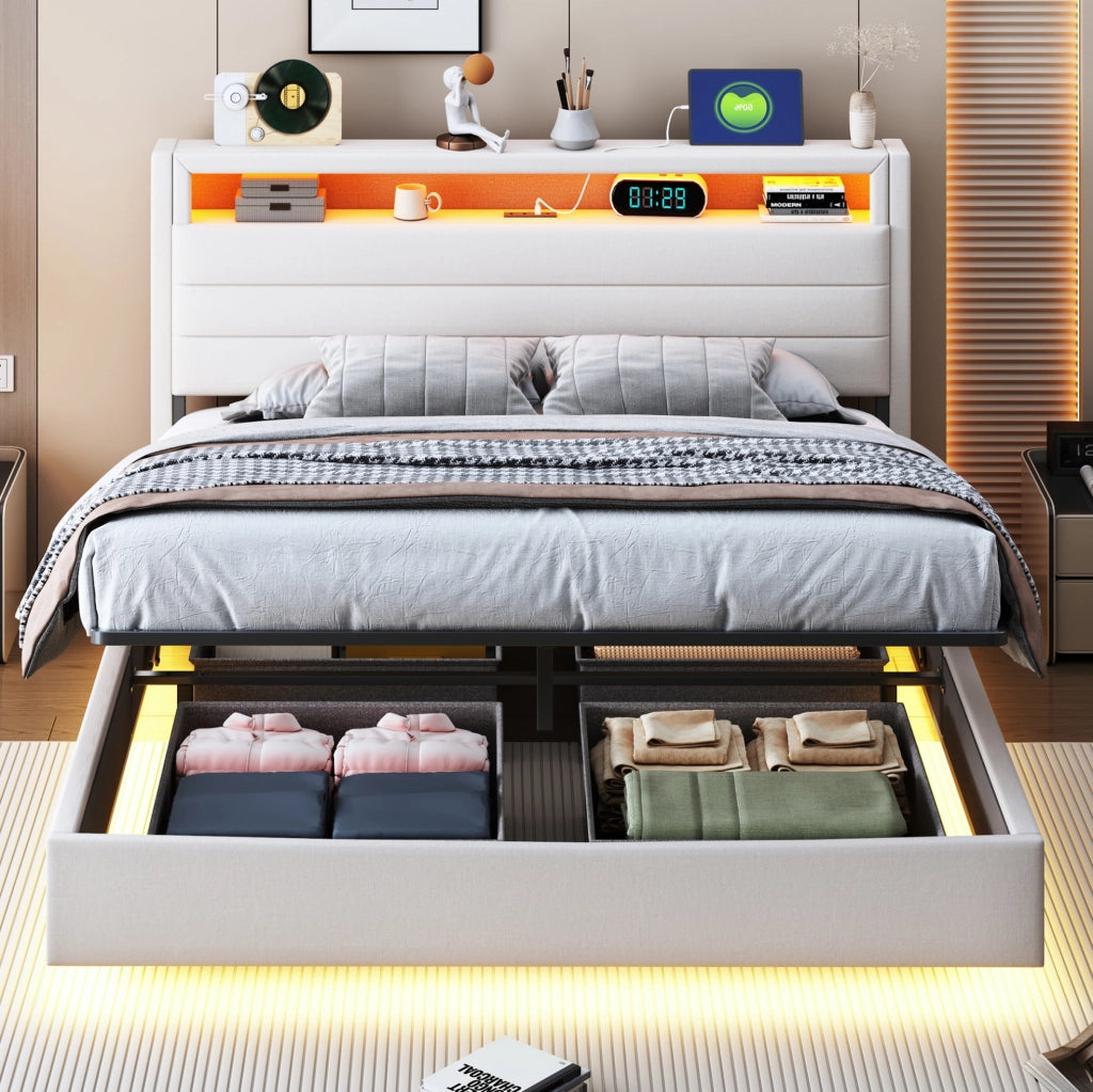 Letto imbottito 140x200 cm con contenitore idraulico; LED; USB e testiera reversibile beige
