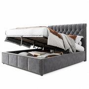 Letti contenitori 160x200 cm con contenitore e rivetti; velluto grigio (Senza materasso)