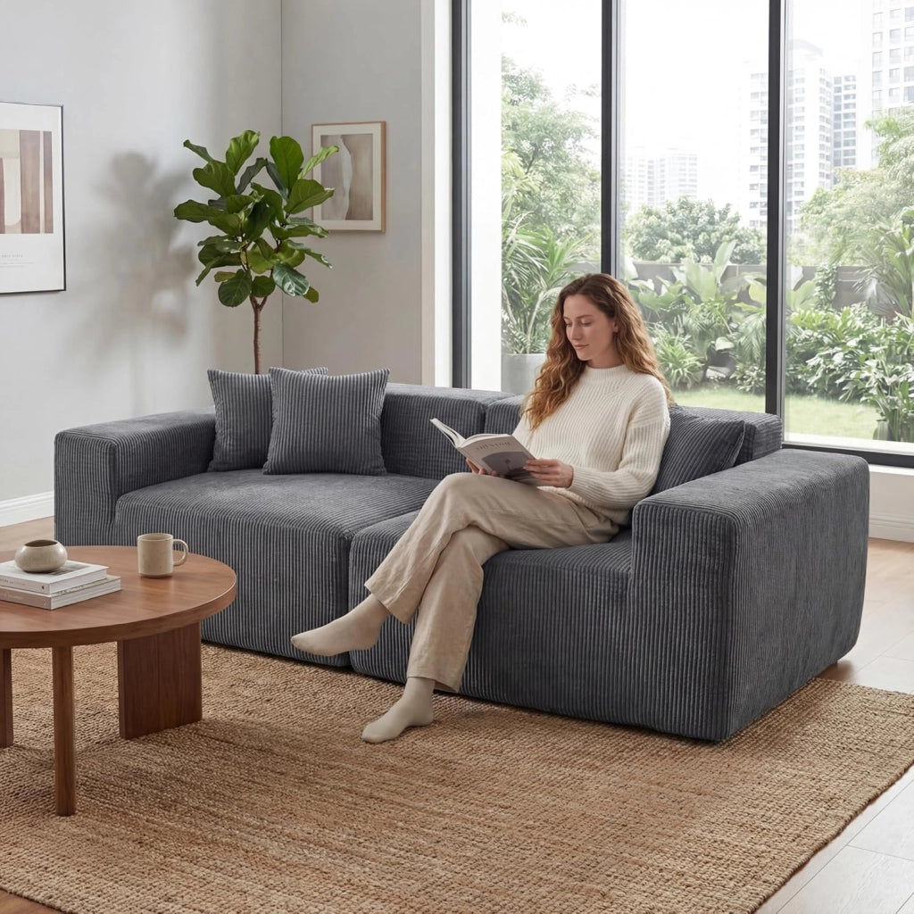 Divano Letto 2 Posti 204 X 89 X 64 CM, Divanetto da Pavimento Imbottito con 4 Cuscini, Velluto a Coste e Schiuma ad Alta Elasticità, Divano Modulare con Braccioli Comodi per Soggiorno