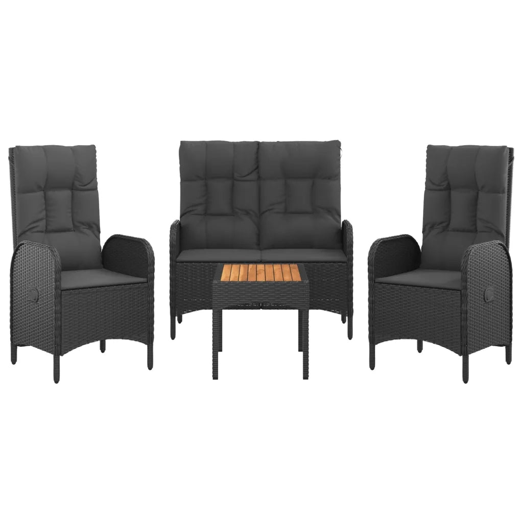 Set da Pranzo da Giardino 4 pz con Cuscini Nero in Polyrattan