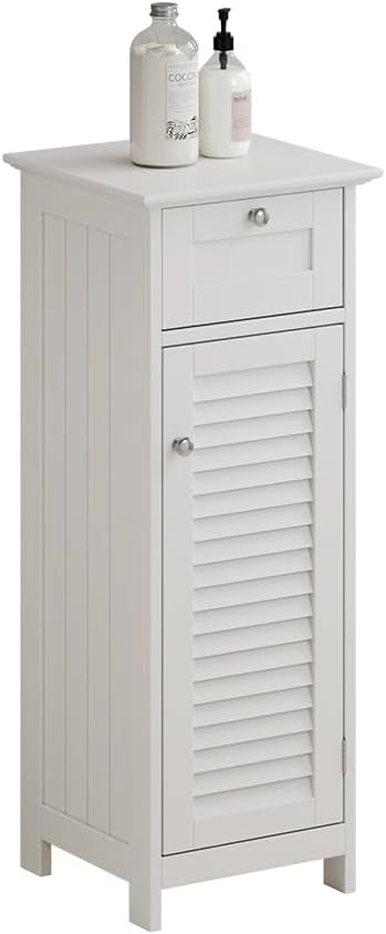 Mobiletto bagno Riad, Bianco, 32 x 87 cm con anta e cassetto, per montaggio a parete per riporre accessori da bagno