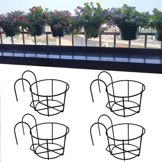 4 x Vasi a Pianta Sospesi in Cerchio per Balcone e Ringhiera - Supporti di Vaso in Metallo Nero