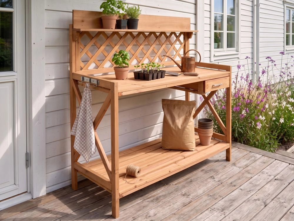 Tavolo da giardinaggio in legno di abete marrone chiaro con ganci in acciaio e cassetto, per riporre gli attrezzi da giardino, in stile rustico