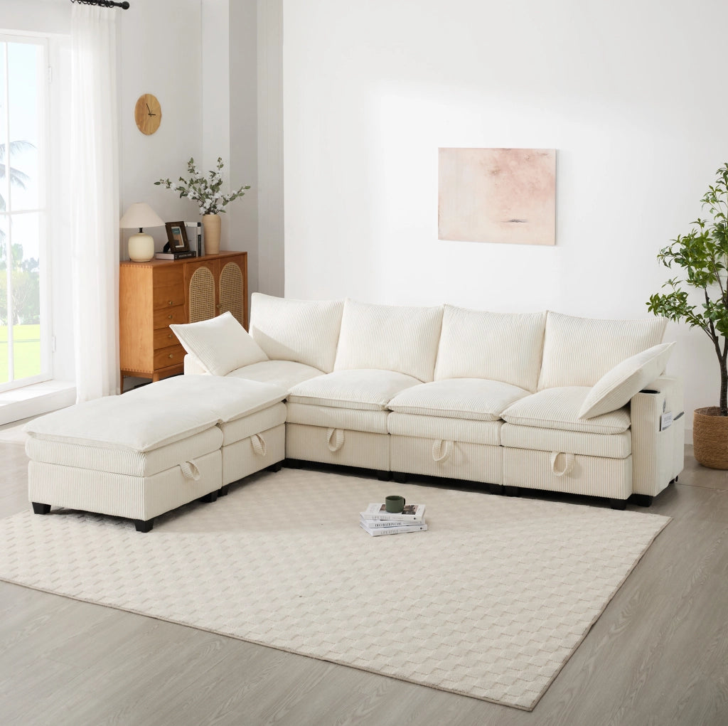 Divano modulare 6 posti in velluto a coste beige con USB