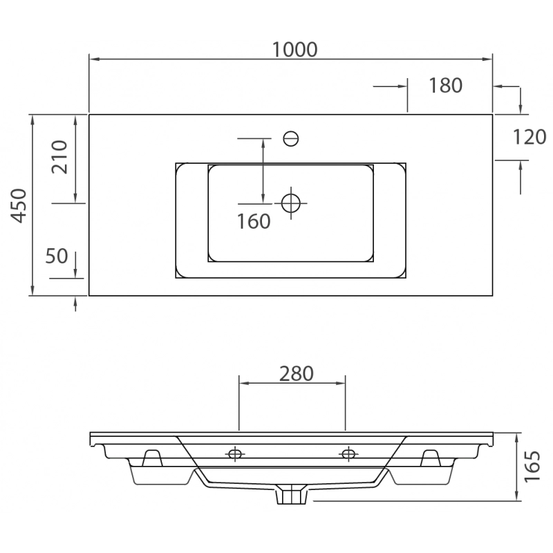 ETNA lavabo rettangolare sospeso 100x45x16,5 cm in porcellana