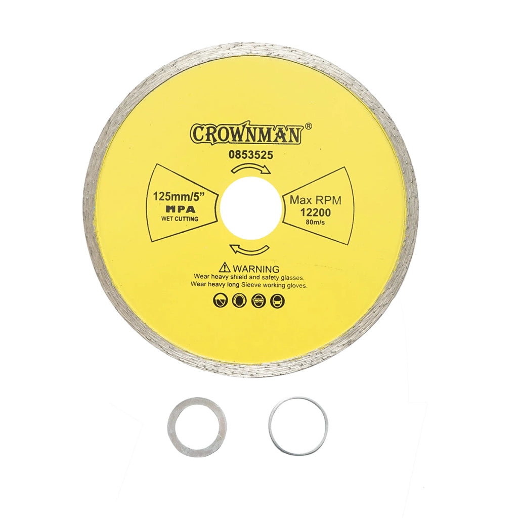 Disco diamantato continuo 125x22.23 mm, velocità massima 12.200 giri/min, taglio a umido per pietra, ceramica, granito, gres e marmo, Crownman