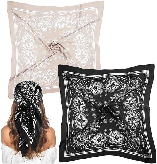 Set di quattro accessori per abbigliamento in imitazione di seta, 70x70 cm, in nero e camel, con quattro sciarpe quadrati