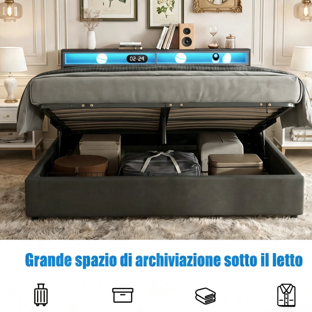 Letto matrimoniale contenitore 160x200 cm con testiera imbottita LED e porta USB cassetti e rete a doghe in lino-grigio