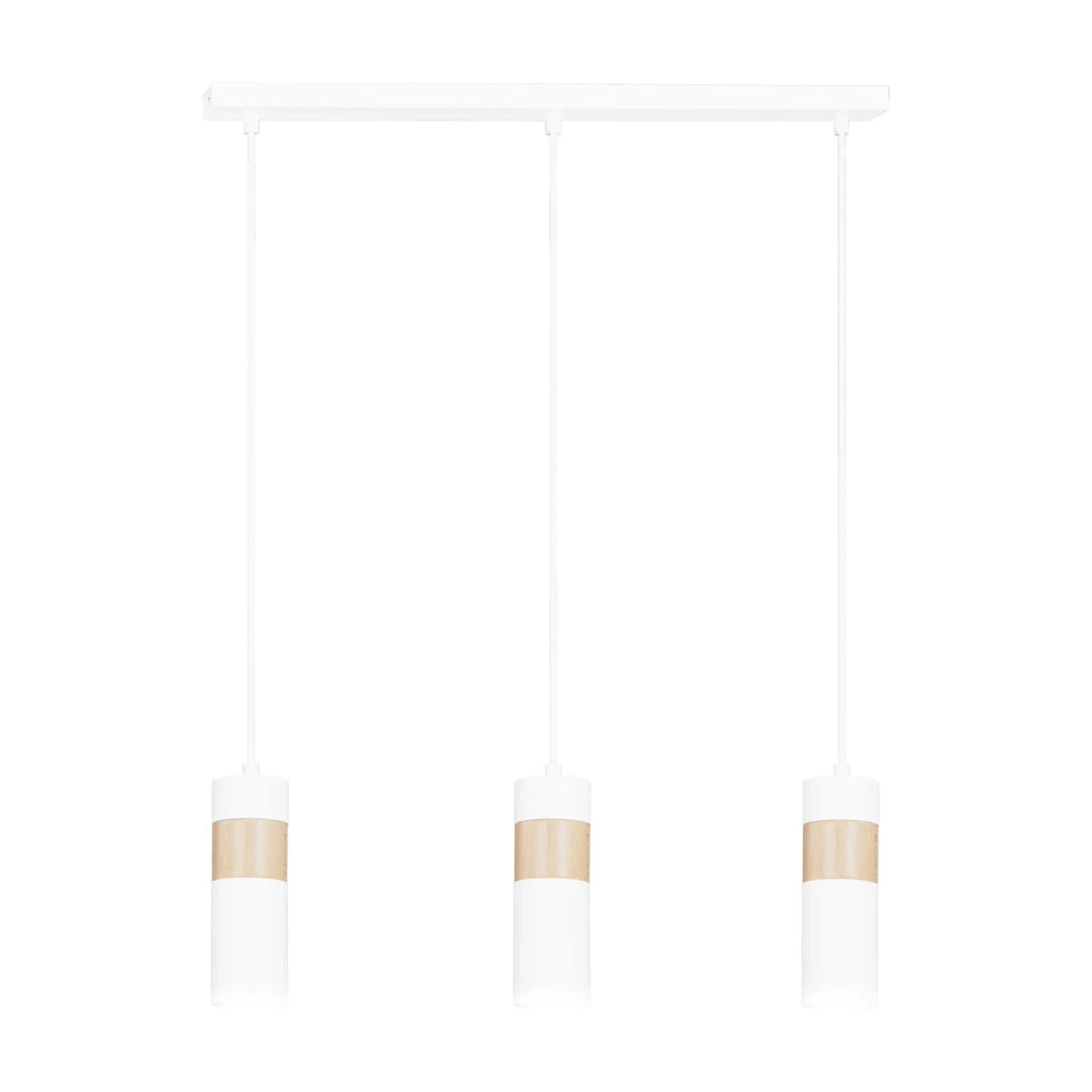 Lampadario 3 Luci Change In Acciaio Bianco A Cilindro Con Legno Naturale