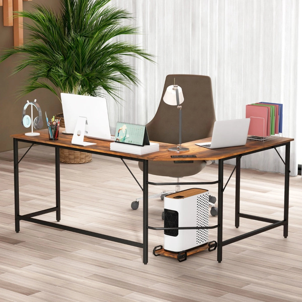 Scrivania ad angolo a L con presa di corrente, Scrivania per computer da 168cm con supporto CPU e telaio in metallo Marrone-Scrivanie