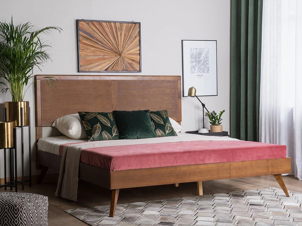 Letto 160 x 200 cm in frassino scuro con rete a doghe e testiera alta