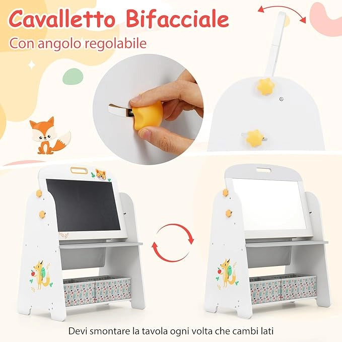 Set Tavolo e Sedia per Bambini, Lavagnetta Cancellabile Bambini con Sedia, Scaffale, 2 Contenitori in Tessuto, Gomma e Gessetti, Ideale per Disegno (Grigio)