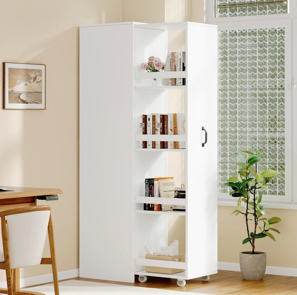 Libreria stretta 40x30x160;5 cm in MDF bianco con ruote e box protettive