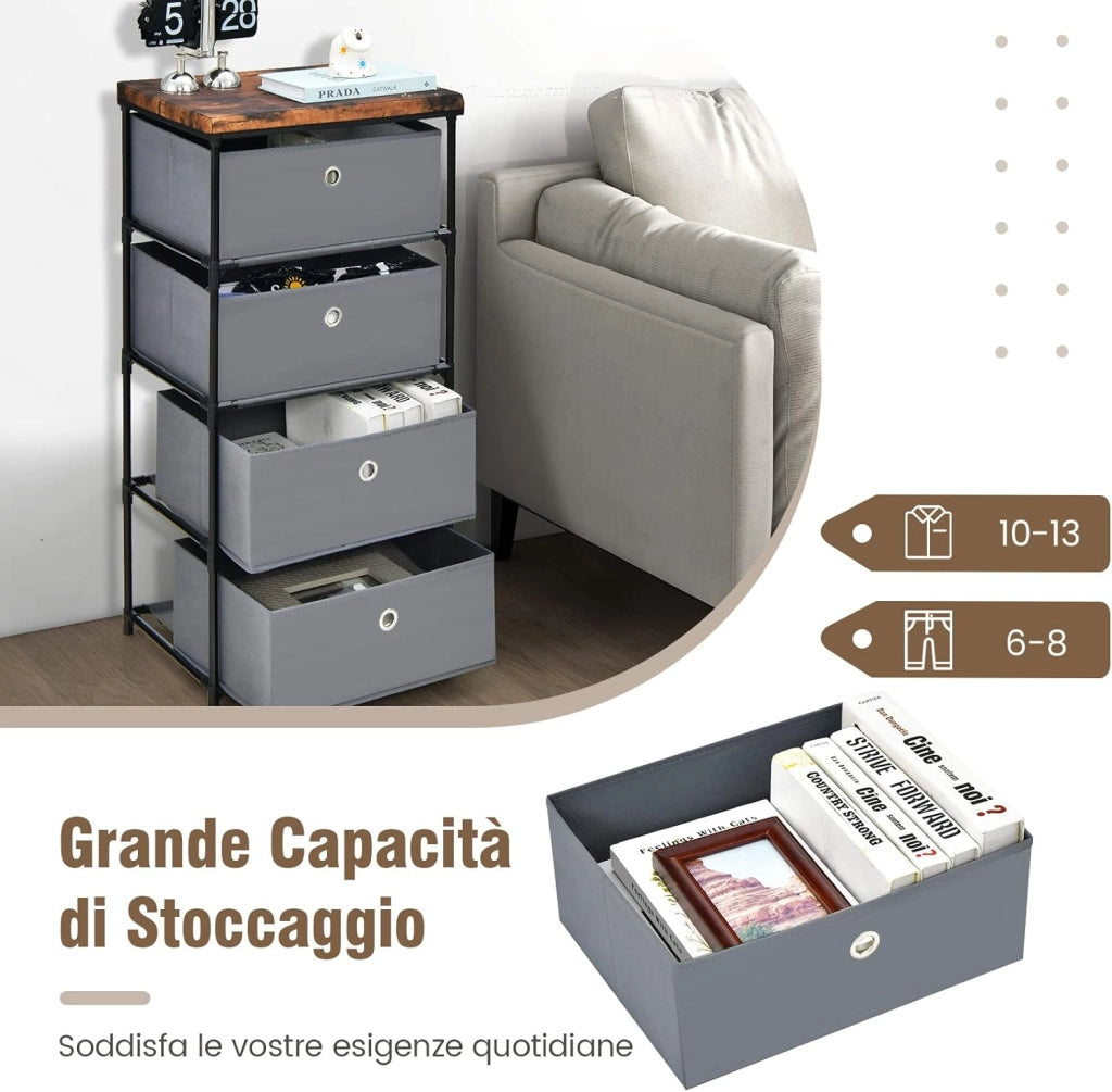 Cassettiera in Tessuto, Mobile con 4 Cassetti e Struttura Robusta in Metallo, Mobiletto Salvaspazio per Camera da Letto, Corridoio, Ingresso e Armadio, 42 x 33,5 x 84,5 cm (Grigio)