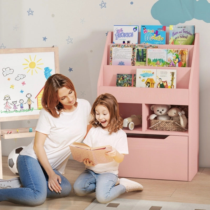 Libreria per bambini con cassetto, 3 ripiani e 2 vani a giorno, scaffale contenitore per cameretta, sala giochi, rosa, 60 x 29,9 x 90 cm