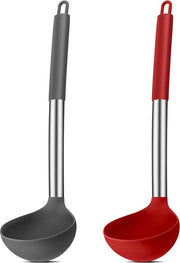 Polypetto siliconizzato, 2 pezzi, resistente al calore, con manico in acciaio inossidabile, cucchiaio da 30 cm per cucinare, mescolare, servire, salutare e antiaderente, grigio e rosso