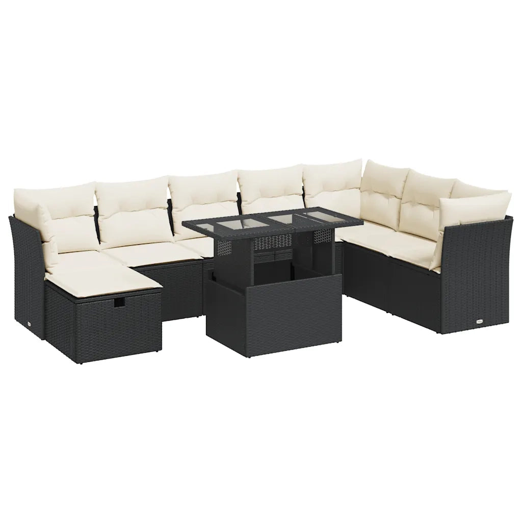 Set Divani da Giardino 9 pz con Cuscini Nero in Polyrattan