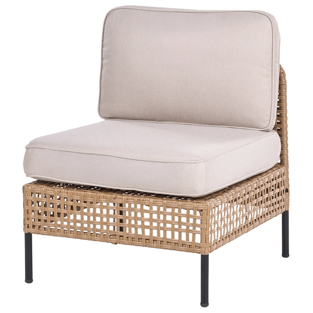 Set da giardino modulare in rattan PE beige chiaro a 6 posti con tavolino in vetro, struttura in metallo e cuscini, stile moderno