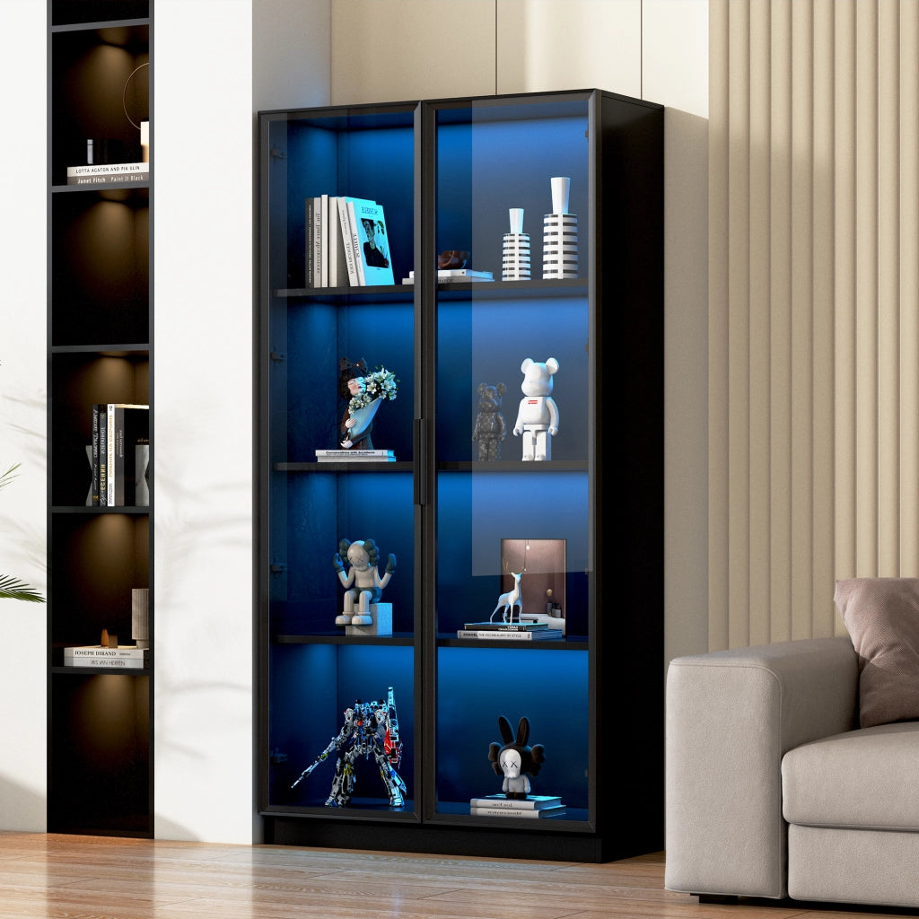 Vetrina con 4 Ante in Vetro e Telaio in Alluminio; LED Controllato via App; Ripiani Regolabili; Stile Moderno; in Truciolare; Nero