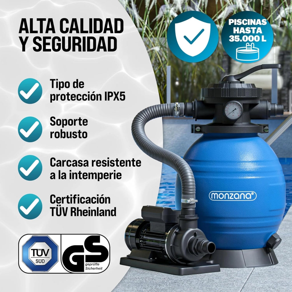 ® Filtro per Piscina a 7 Vie 9.960 L/h Serbatoio 30L con Prefiltro e Sfere Filtranti da 1200g