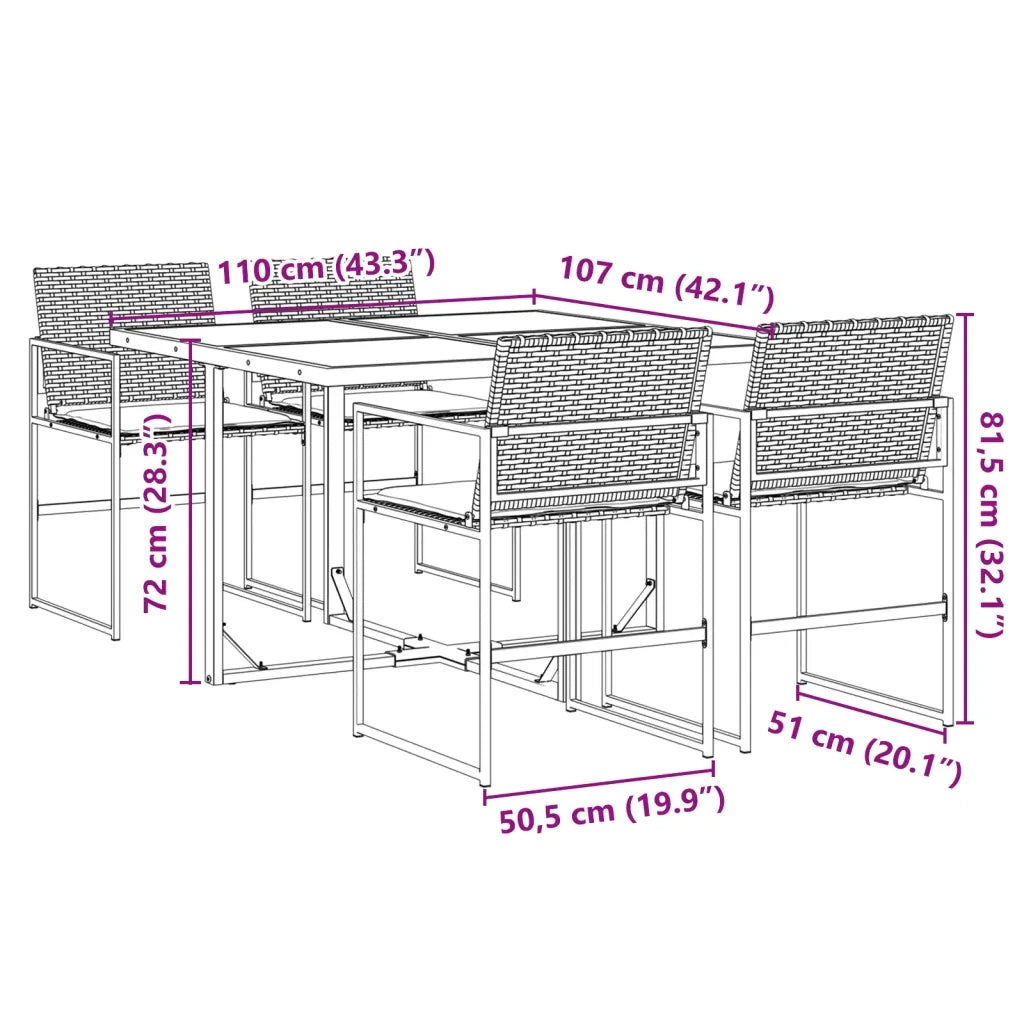 Set da Pranzo da Giardino 5 pz | Set Salotto da Giardino Nero con Cuscini in Polyrattan