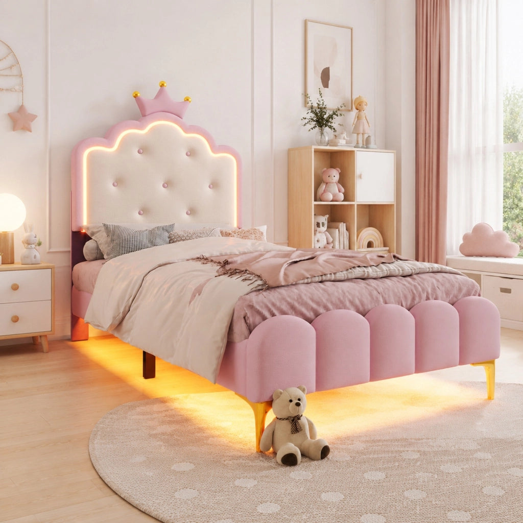 LETTO Principessa 90x200 cm in PU Rosa con luci LED