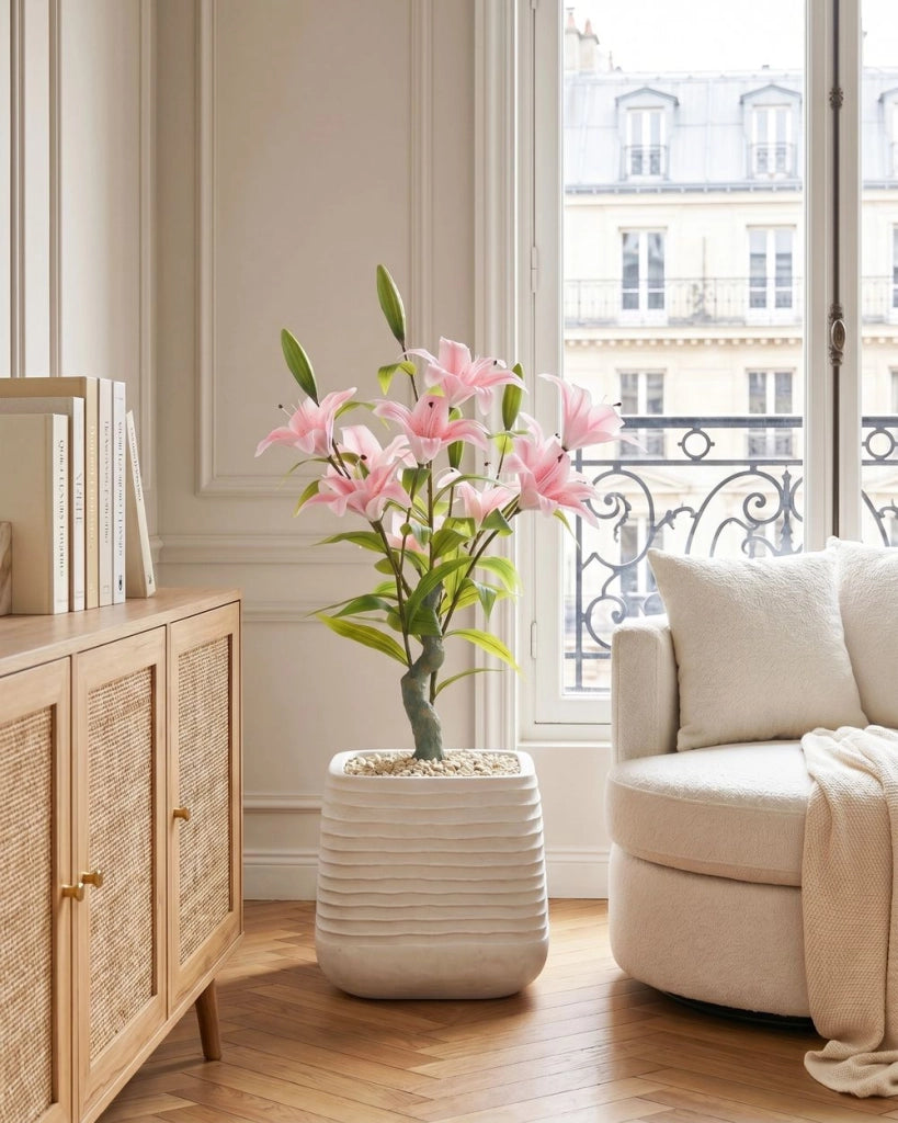 Pianta artificiale in vaso, materiale sintetico rosa, 85 cm con fiori, accessorio decorativo per interni, realizzata a mano