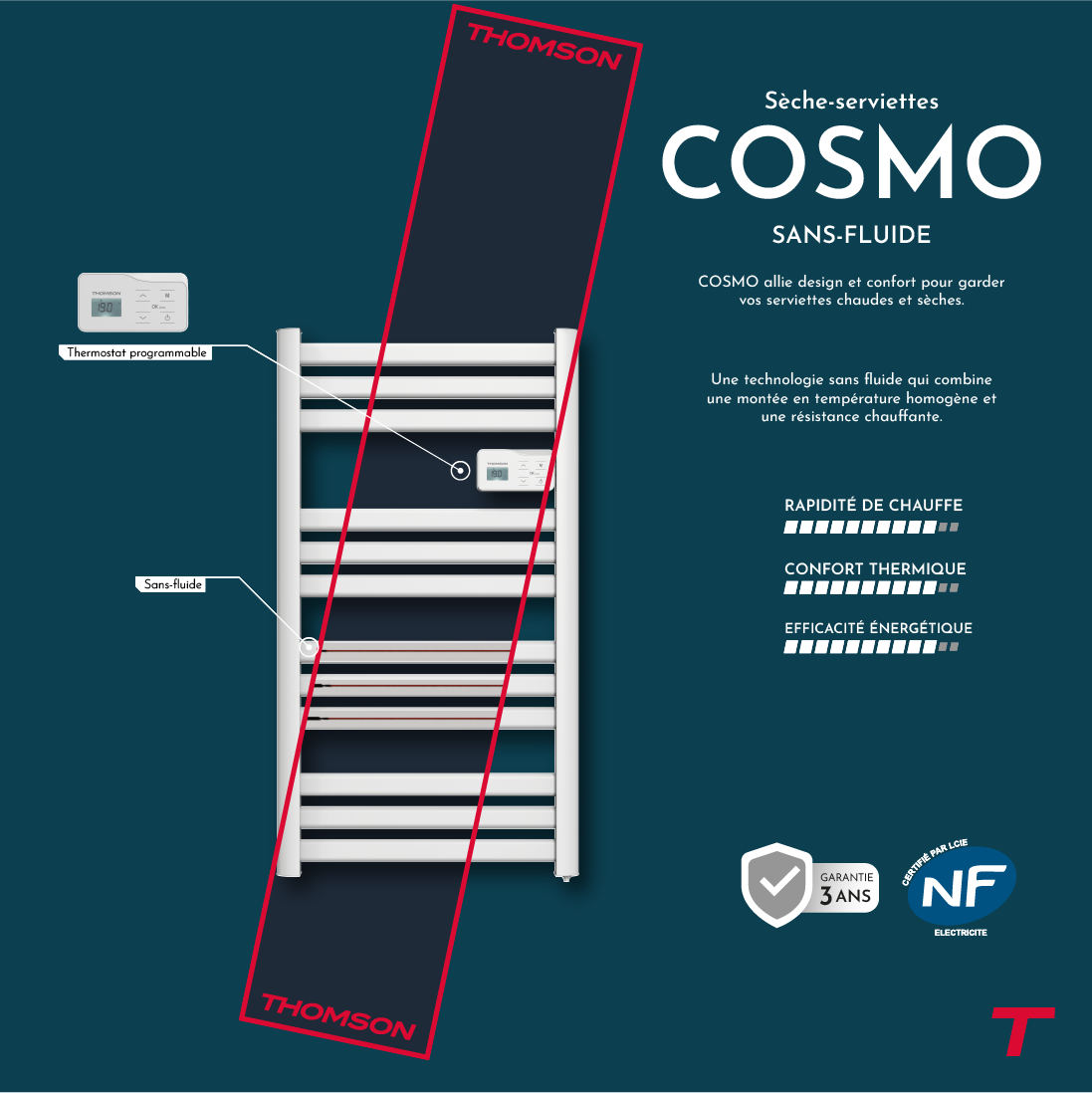Scaldasalviette elettrico Thomson senza fluido, connesso al WiFi, con ventola da 500W, cosmo