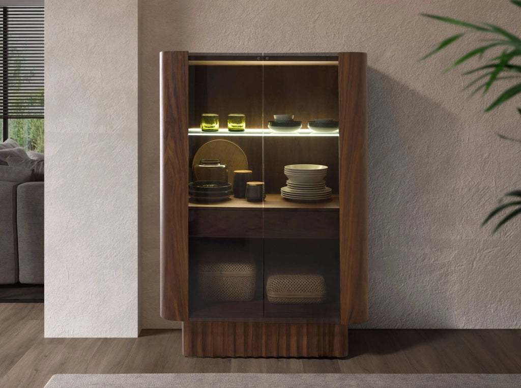 Credenza alta in vetro temperato, noce con illuminazione interna