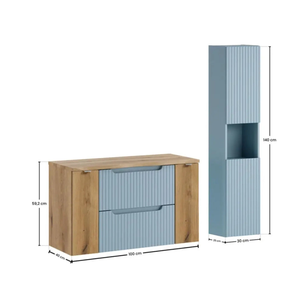 Insieme sospeso VANO blu denim e rovere chiaro 130cm: mobili sotto lavabo con cassetti e armadietti + piano per lavabo + colonna