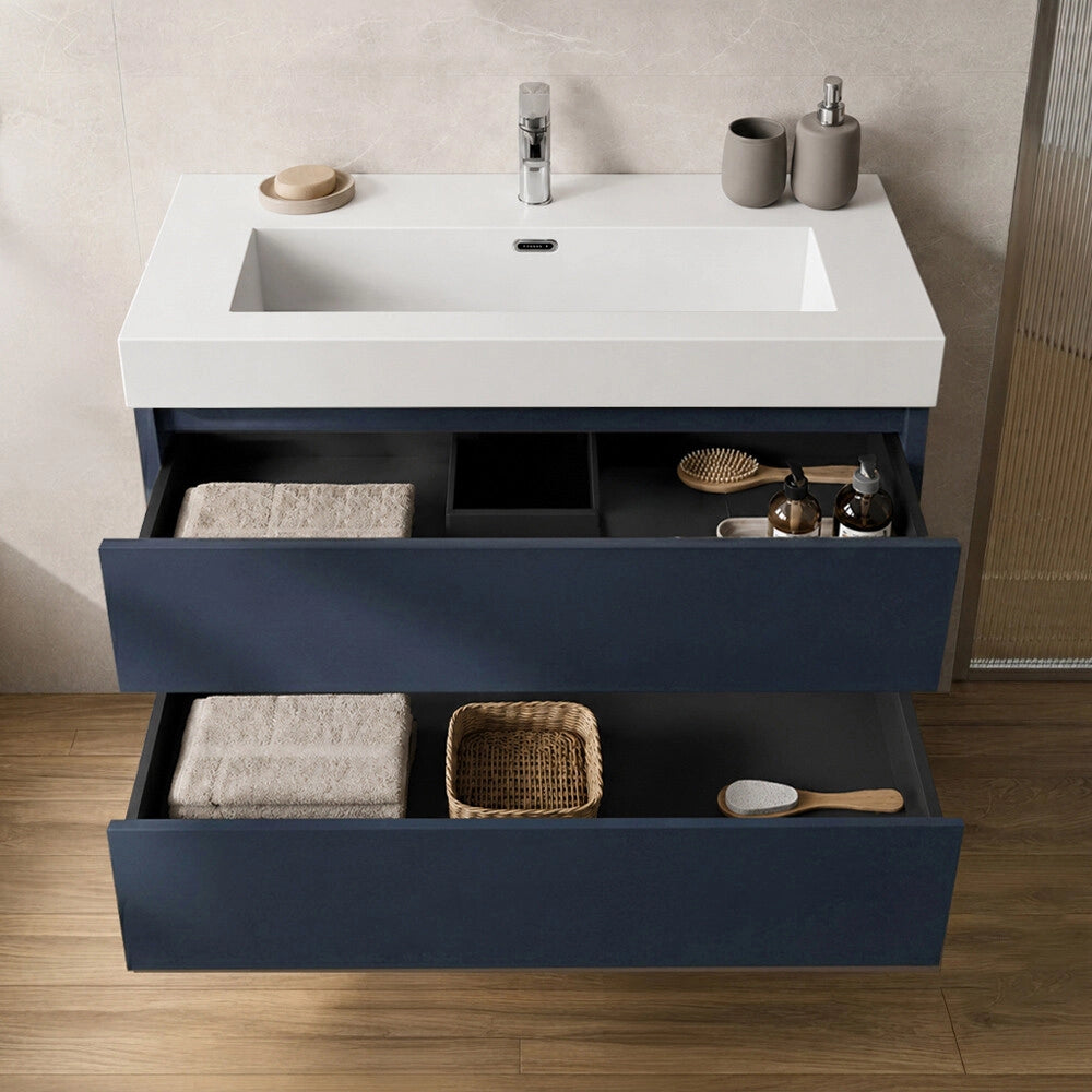 Mobile bagno sospeso 100 cm blu due cassetti push-pull e lavabo in resina Tierra