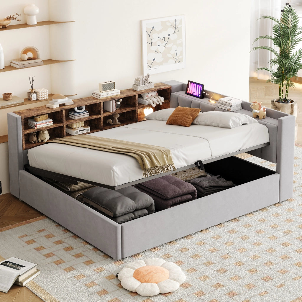OKWISH Letto Contenitore 140×200 cm, Letto Matrimoniale con USB, Type C, Luce da Lettura e Mensole, senza Materasso, in Velluto, Grigio Chiaro