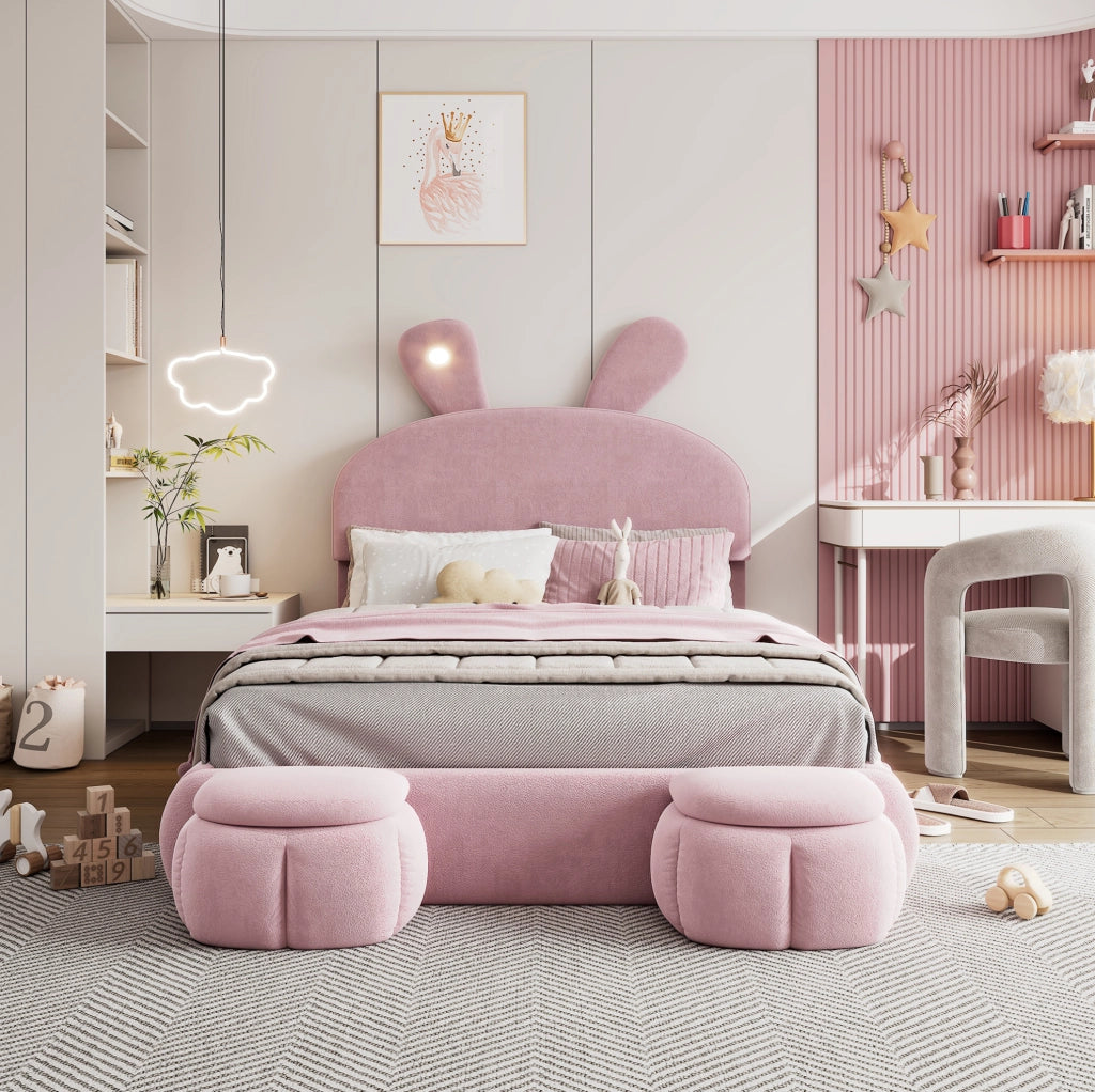 Letto imbottito 140x200 cm con contenitore e LED in velluto rosa