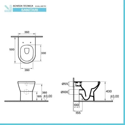 Wc filomuro senza brida bianco lucido con scarico universale  Itaca