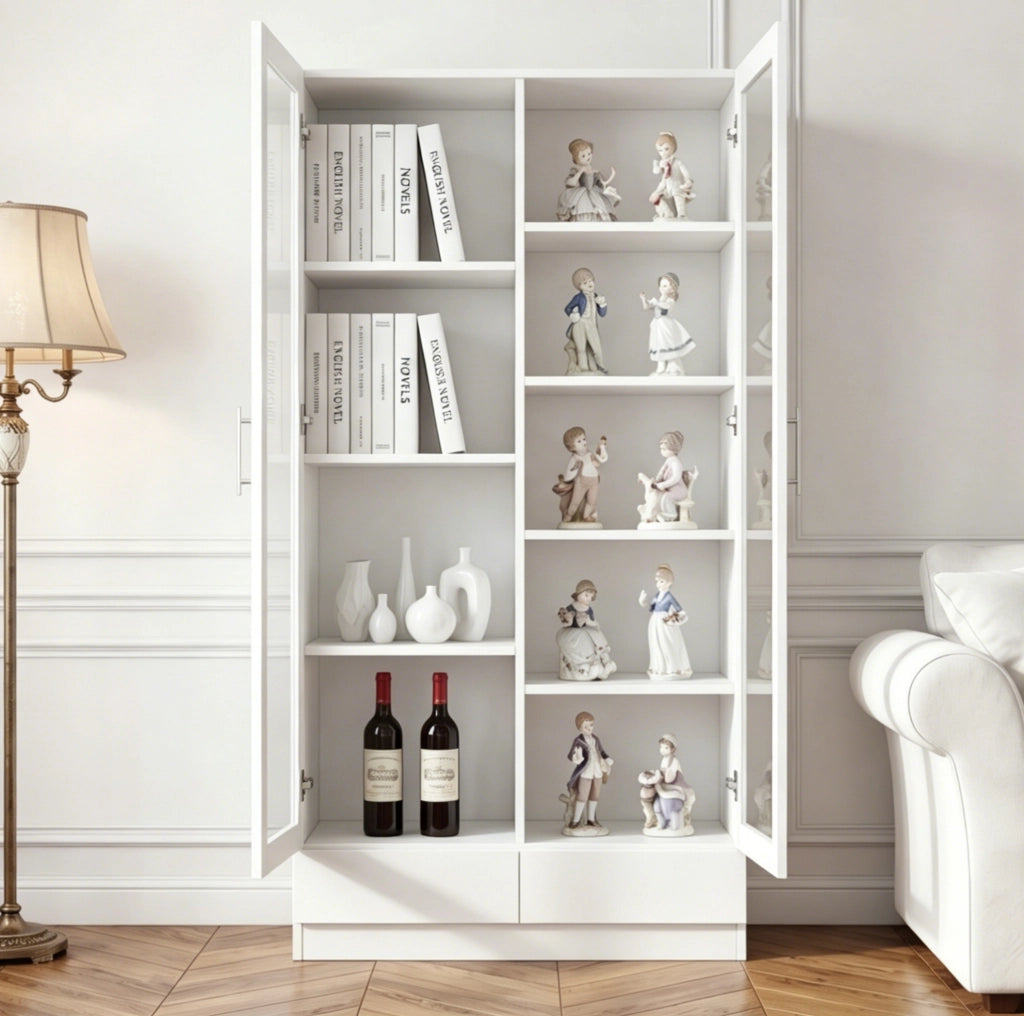 Mobile vetrina alto con 2 cassetti; 4 ripiani a sinistra e 5 a destra; 160x40x80 cm; bianco