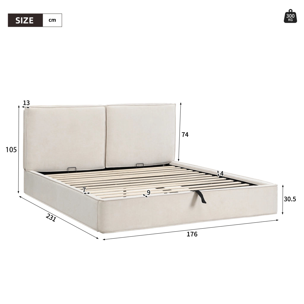 Letto contenitore matrimoniale 160 × 200 cm con testiera imbottita, contenitore idraulico, senza materasso, beige