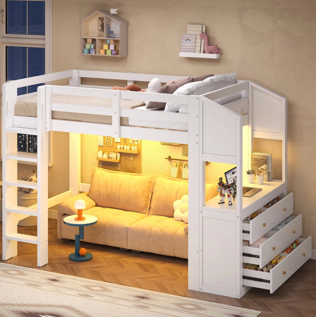 Letto a soppalco 90x200 cm con 3 cassetti; ripiani e luce LED; bianco in legno massello e MDF