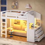 Letto a soppalco 90x200 cm con 3 cassetti; ripiani e luce LED; bianco in legno massello e MDF