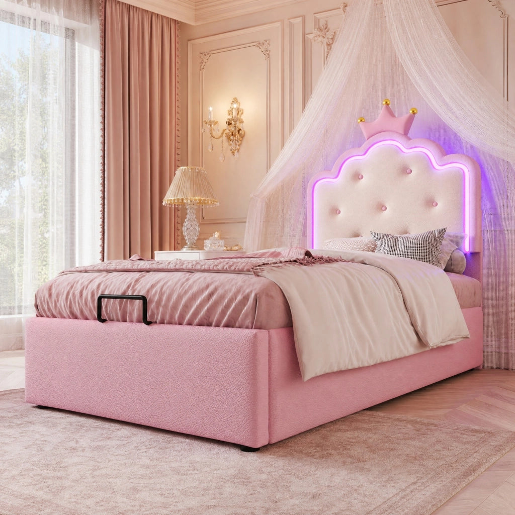 LETTO Contenitore 90x200 cm PU Rosa con luce LED