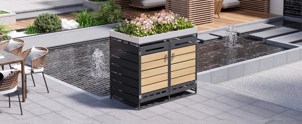 OKWISH Copribidoni Doppio con Fioriera, 2 Scomparti, Ventilazione, Porte con Serratura, Ferro Nero