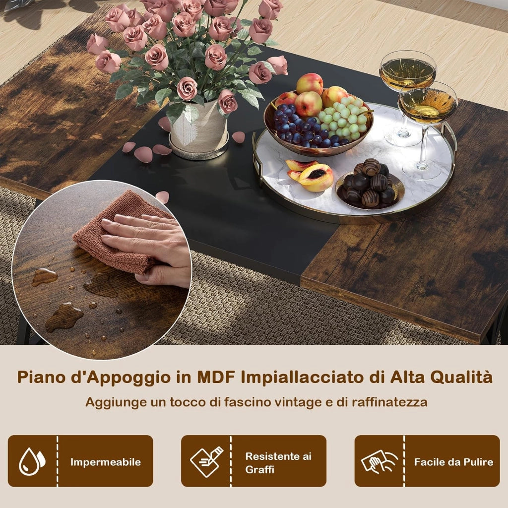 Set da Pranzo 5 Pezzi per 4-6 Persone, Tavoloda Cucina Rettangolare Industriale con 2 Panche e 2 Sgabelli, Set Pranzo Salvaspazio con Struttura in Metallo per Appartamento e Angolo Colazione
