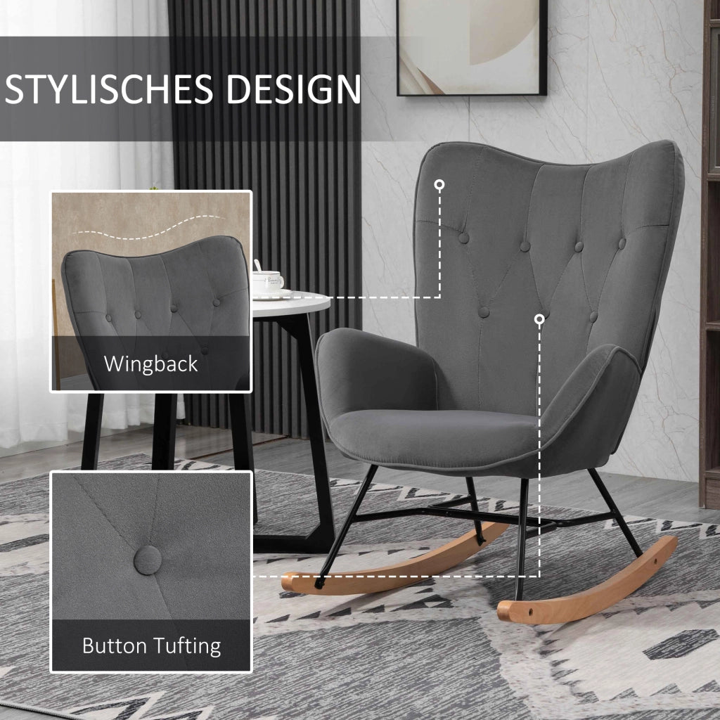 Poltrona a dondolo in poliestere con schienale alto e struttura stabile, grigio scuro 65 × 70 × 96 cm