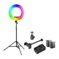 Ring light a LED Rainbow RGB da 60 W con cavalletto fotografico e 2 batterie, Luce ad anello per foto e video con supporto smartphone e controllo tramite app